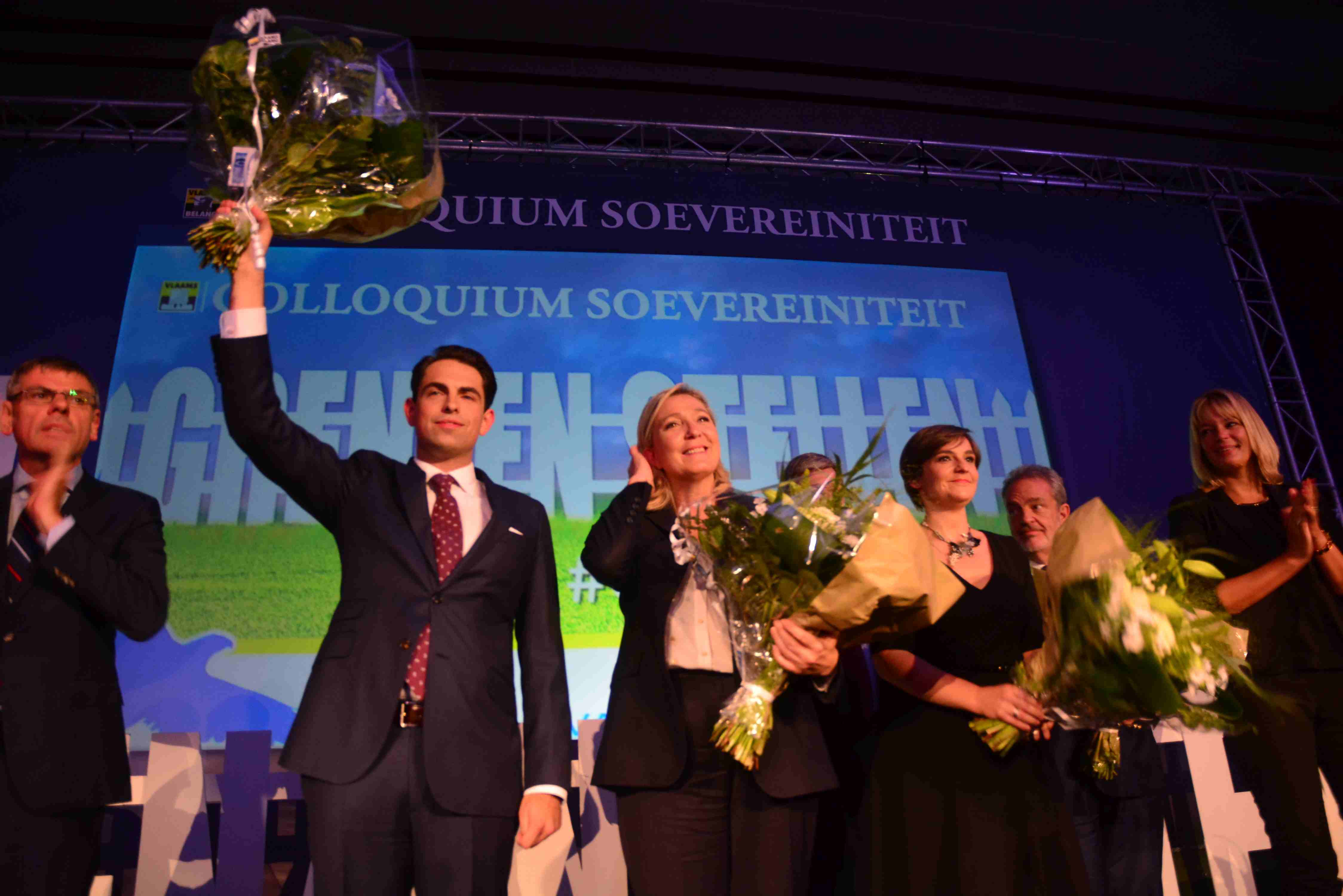 Tom Van Grieken Vlaams Belang en Marine Le Pen Front National op congres Grenzen Stellen in het Vlaams Parlement